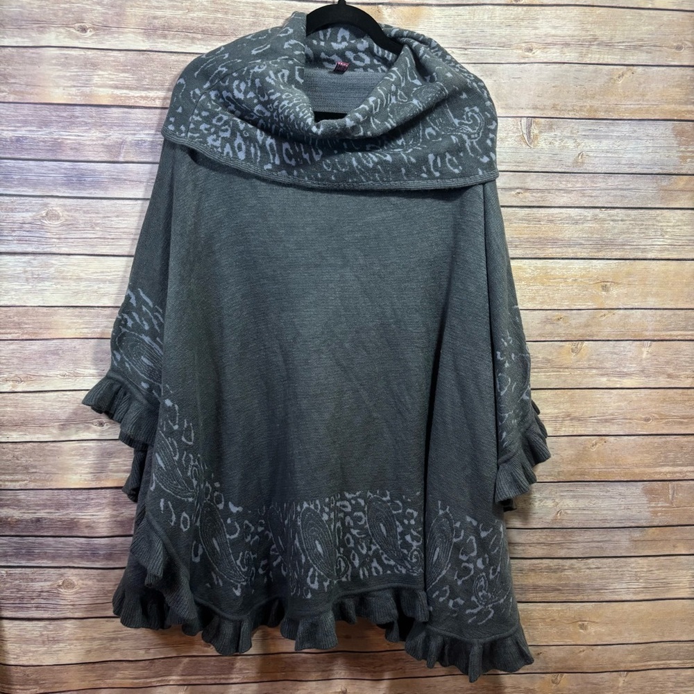 CLASSIC Gray Cheetah Paisley Cowl Neck Foldover Poncho OS
